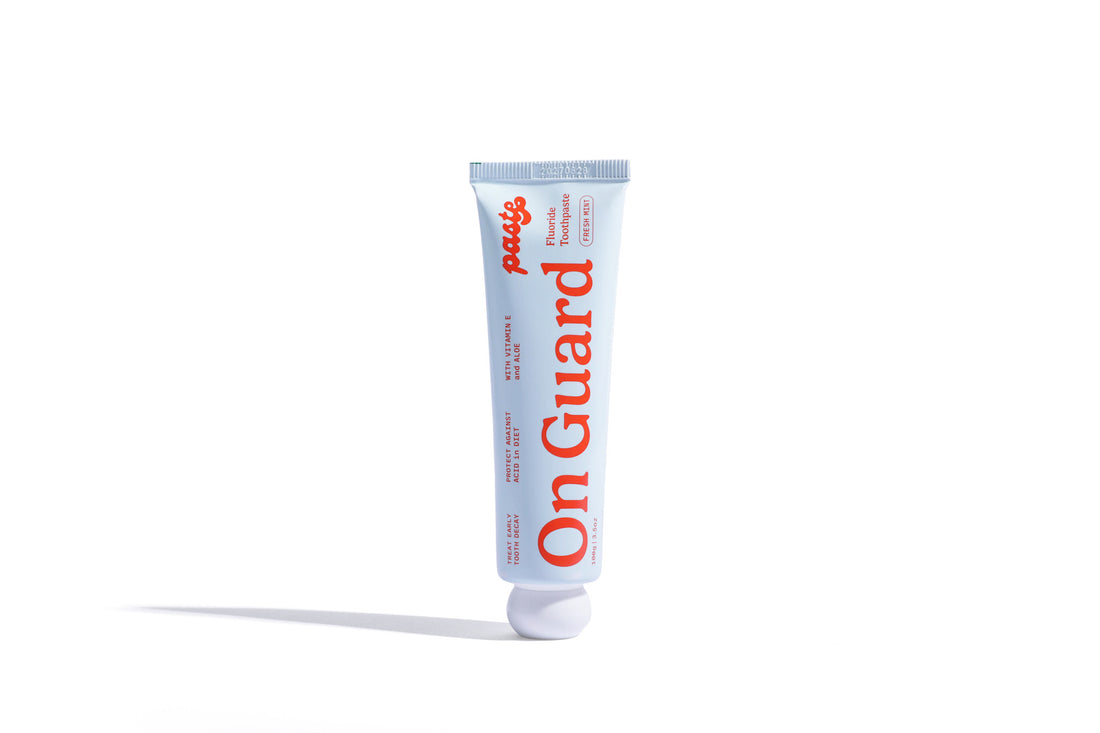 Paste fluoride toothpaste named On Guard. Helps restore vital minerals to weakened enamel. Promotes stronger, healthier teeth and supports overall oral resilience. Packed with essential minerals, it delivers comprehensive care for long-term dental strength and protection.
