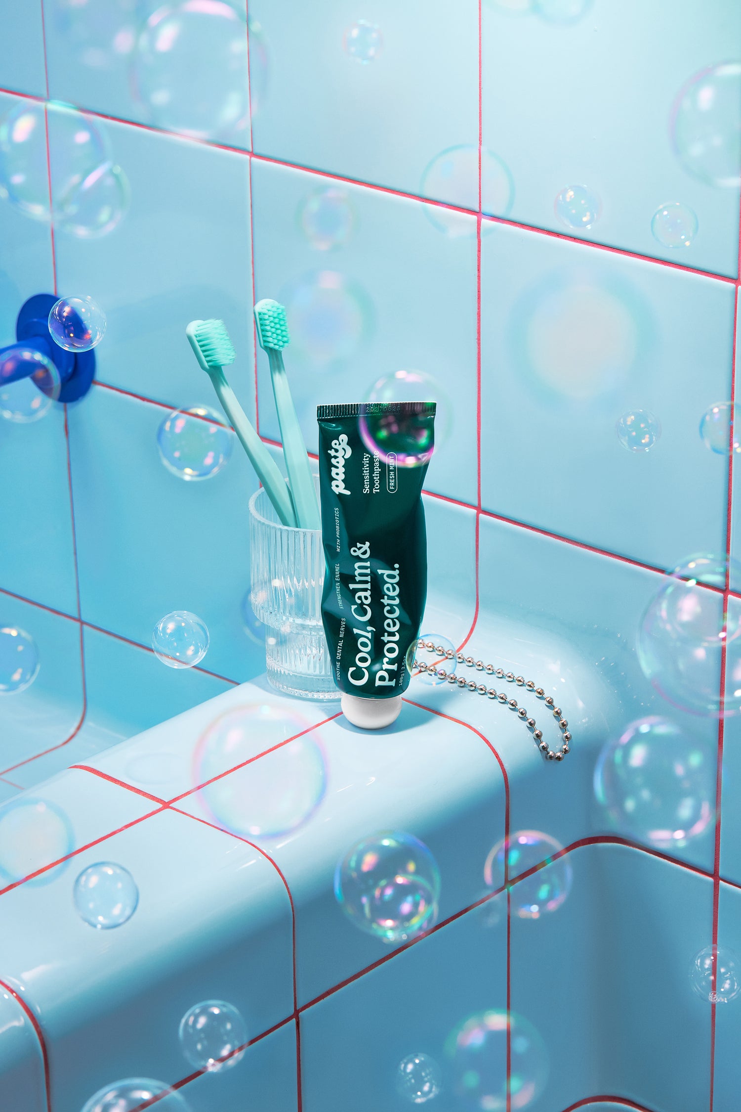 Paste sensitivity toothpaste sitting on bathroom tile
